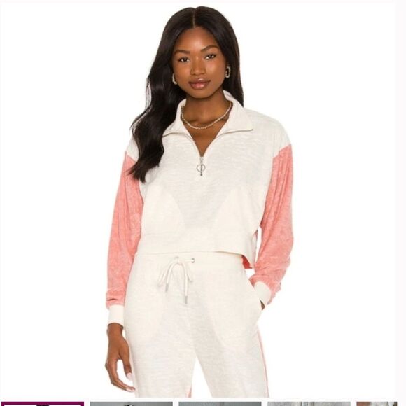 L*Space L Best Life Pullover‎ Pink Cream Terry Sweatshirt Sporty Colorblock New - Picture 2 of 12